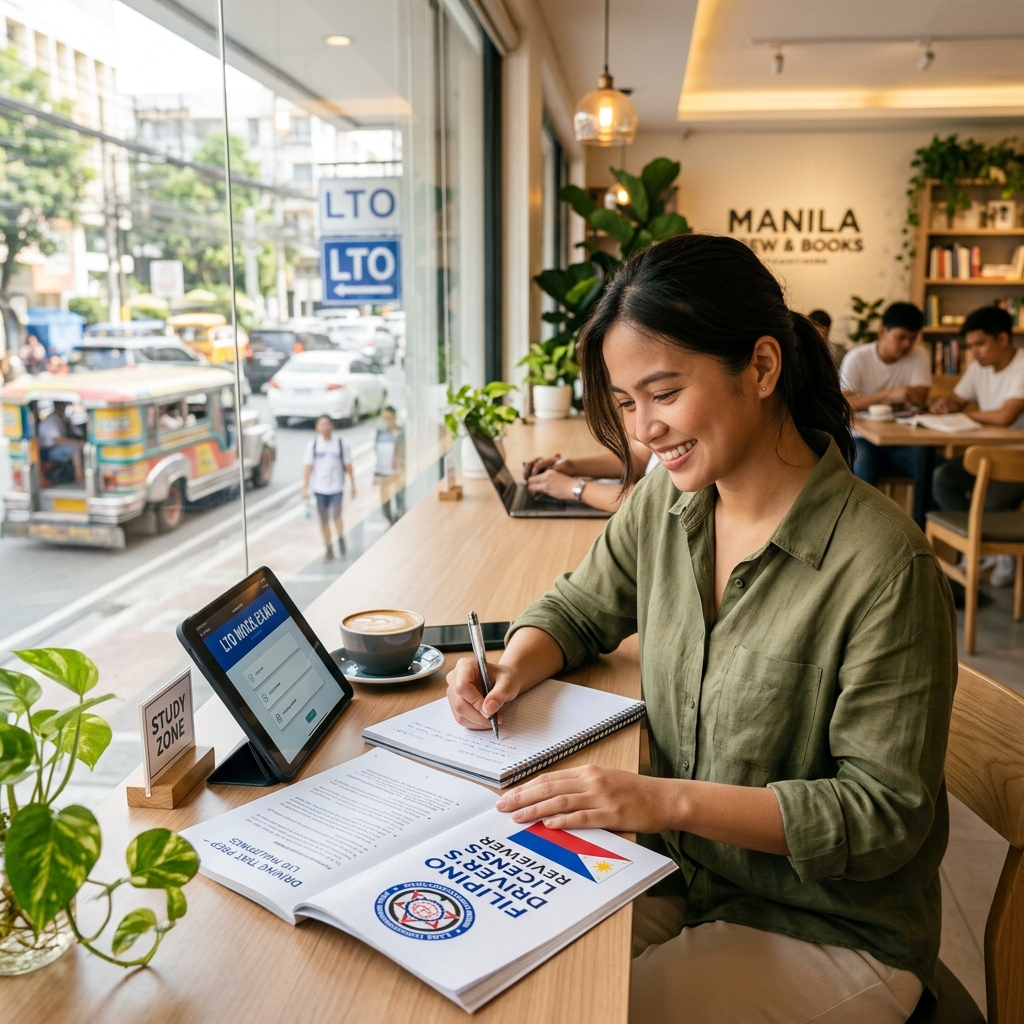 Student studying for LTO exam in a cafe